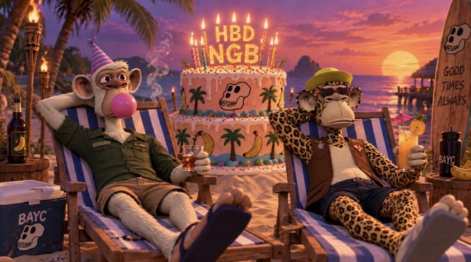 A digital artwork depicts two Bored Ape Yacht Club (BAYC) NFT characters relaxing in beach chairs at sunset with a birthday cake reading 'HBD NGB'.