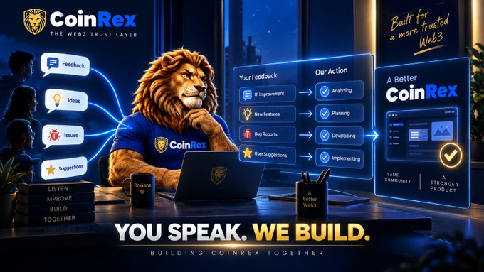 A promotional graphic for 'CoinRex - THE WEB3 TRUST LAYER' featuring an anthropomorphic lion mascot using a laptop, with text highlighting 'YOU SPEAK. WE BUILD.' and a workflow showing feedback, ideas, issues, and suggestions leading to UI improvements, new features, and bug reports.