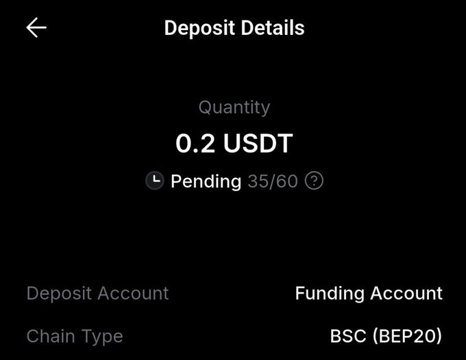 A mobile app screen showing 'Deposit Details' for a pending deposit of 0.2 USDT using the BSC (BEP20) chain.