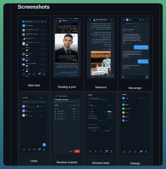 The image displays eight dark-themed screenshots of a Telegram-style application, labeled "Main feed," "Reading a post," "Telemirror," "Messenger," "Chats," "Resolver scanner," "Resolver bank," and "Settings." The interface shows features like channel feeds, encrypted messaging, DNS resolver scanning, and network settings, visually demonstrating the tool described in the post—a system that exchanges end-to-end encrypted messages using only DNS queries via Telegram and X integration.