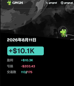 A trading dashboard screenshot from GMGN dated 2026年8月11日 shows a daily profit of +$10.1K, with +$10.3K gains, -$203.43 losses, and 113/175 successful trades. The image illustrates the post's point about a slow trading day on BSC, where despite overall profitability, no single trade reached 100K in profits—contrasting with the optimism about Robinhood's Cashcat reaching new highs with major players involved.