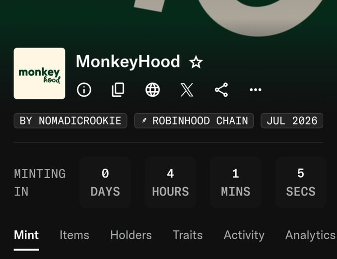 A NFT collection page for 'MonkeyHood' by nomadicrookie on Robinhood Chain launching July 2026, showing a minting countdown timer of 0 days, 4 hours, 1 minute, 5 seconds.