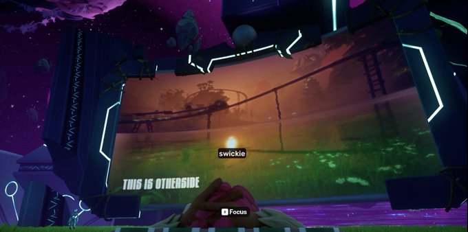 A video game screenshot labeled 'THIS IS OTHERGLADE' showing a view labeled 'swickie' with a sunset over a futuristic landscape with neon accents.