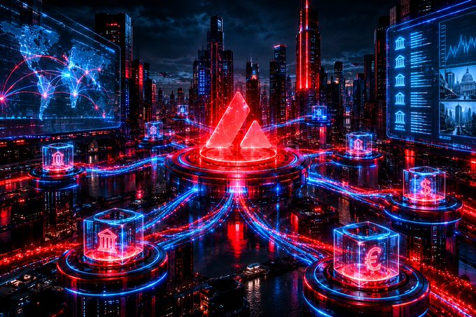 A vibrant futuristic cityscape at night with glowing red and blue neon lights, holographic displays, and a central triangular monument surrounded by data streams.