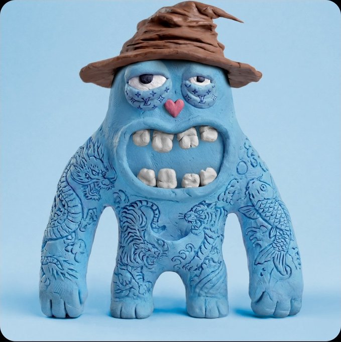 A similar blue clay-style monster character wears a brown wizard hat and has tattoo-like patterns covering its body, standing against a light blue background.