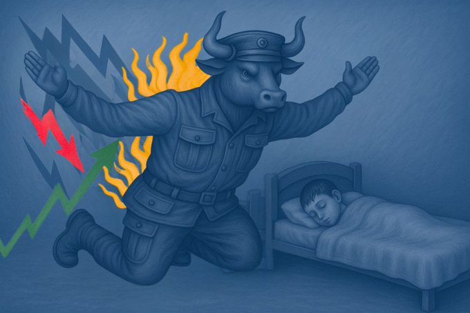 An illustration of a bull-headed figure in a military uniform with arms raised, surrounded by flames and a red downward arrow next to a green upward arrow, looming over a sleeping child in a bed.