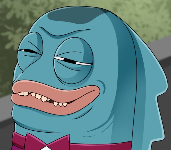 A skeptical fish character dressed in a bow tie looks sideways with a side-eye expression, humorously conveying doubt or suspicion. The image pairs well with the post's contemplative tone, visually representing the hesitation in choosing a blockchain for the hypothetical coin launch while leaving the final decision still open.