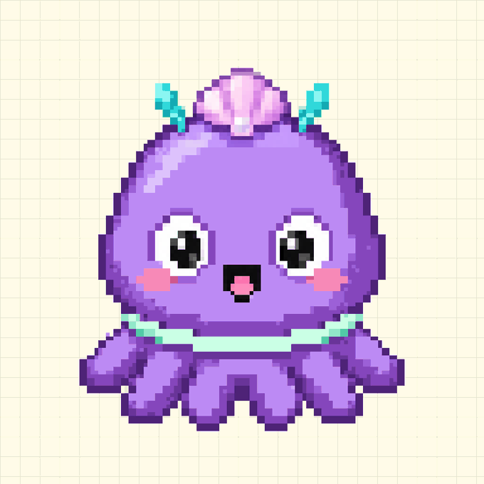 Pixel art illustration of a cute purple octopus character with a pink shell on its head, blue antennae, and large expressive eyes on a grid background.