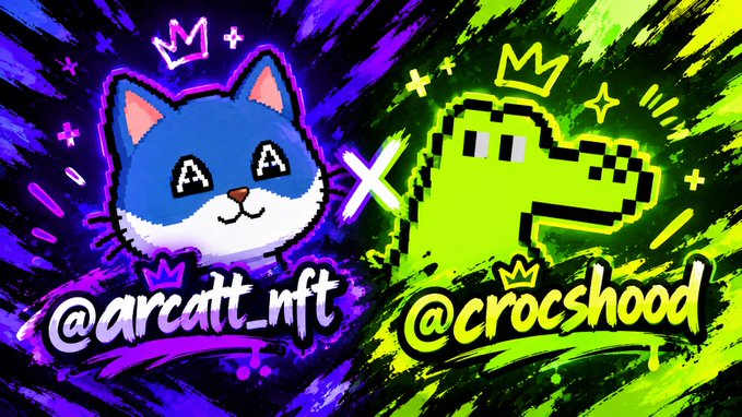 A vibrant neon-style promotional graphic featuring a blue cat avatar labeled "@arcatt_nft" and a green pixelated crocodile labeled "@crocshoad" with an "X" between them and crown graphics.