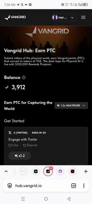 urngridio.com's website displays a black background with white text, featuring the Vangrid Hub PTC and a list of rewards for users.