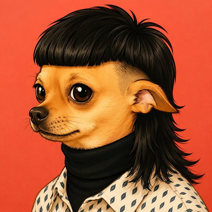The image features a cartoon dog with a black collar, wearing a shirt that has white polka dots. The dog's hair appears to be styled in an unconventional manner, resembling a mohawk or shaved head. The background of the image is red, which contrasts with the dog and adds visual interest to the scene. The caption accompanying the image reads: "$chubby live now on @Pumpfun #solana CA: 3CDiDWB4VLYwwwM5Zm1nKz1WvEVQdwTMwvKPhmJApump pump.fun/coin/3CDiDWB4V".