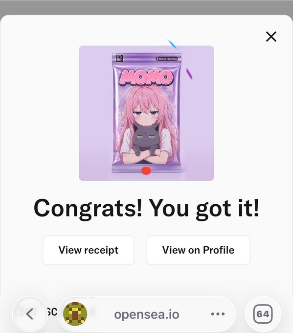 A mobile OpenSea (opensea.io) notification confirms a successful NFT mint with the text "Congrats! You got it!" displaying a "MOMO" collectible featuring an anime-style pink-haired character holding a black cat. The receipt prompt aligns with the post celebrating the user's new Momo NFT mint.
