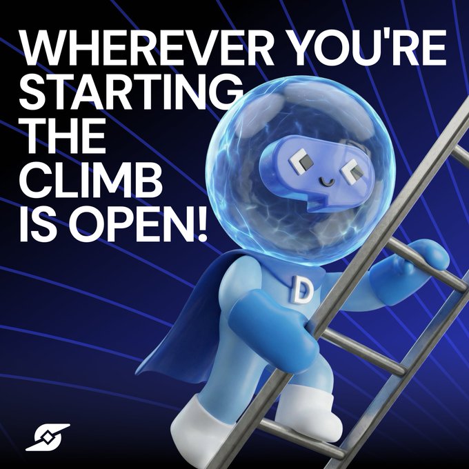 A blue mascot with a bubble helmet featuring a "D" climbs a ladder beside bold text reading "WHEREVER YOU'RE STARTING THE CLIMB IS OPEN!" — visually representing the post's message that newcomers ("Dliever") and seasoned members ("DCO") alike are welcome to ascend the community ranks via the Discord invite linked in the caption.