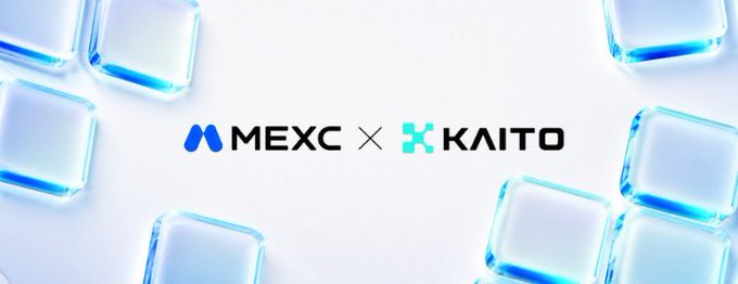 A promotional graphic showing the logos for 'MEXC' and 'KAITO' with a multiplication symbol between them, surrounded by floating blue ice cubes on a white background.