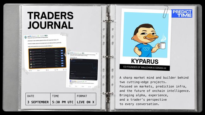 Promotional graphic for a 'TRADERS JOURNAL' event on 3 September at 5:30 PM UTC, live on X, featuring KYPARUS, co-founder of Wallchain & Oznaka AI, with a 'PREDICT TIME' badge.