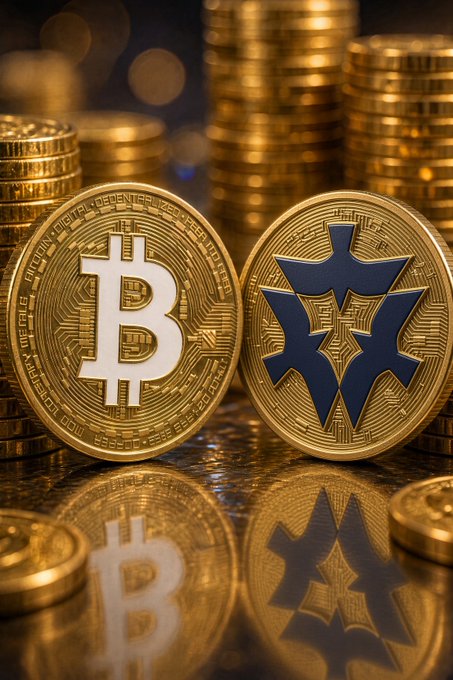 Two physical cryptocurrency coins displayed on a reflective surface - one showing the Bitcoin 'B' logo and another with a stylized star/cross emblem, surrounded by stacks of gold coins.