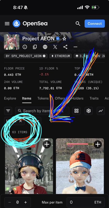 An OpenSea app screenshot showing the Project AEON NFT collection on Ethereum with a floor price of 0.443 ETH, featuring 63 items in the collection and colorful hand-drawn arrows pointing to it.