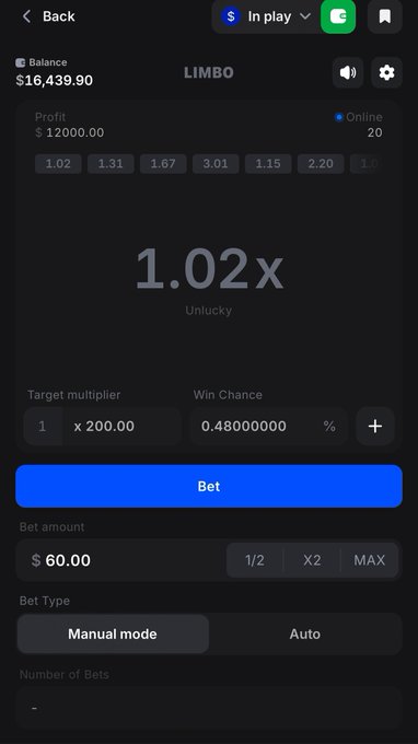 A screenshot of a Limbo gambling game showing a balance of $16,439.90, a profit of $12,000.00, a target multiplier of 1.02x, a bet amount of $60.00, and a win chance of 0.48%.