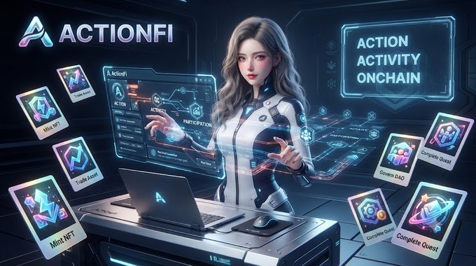 Digital artwork featuring a futuristic female character surrounded by glowing holographic screens displaying 'ACTIONFI', 'Action Activity Onchain', and various NFT/quest panels.