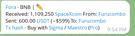 A handwritten/printed note showing a crypto transaction: 'Fora·BNB - Received: 1,109,250 SpaceXcoin From: Furucombo, Sent: 600.00 USDT (~$599) To: Furucombo' with transaction hash details at 9:54 PM.