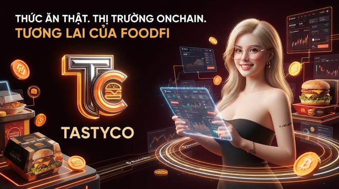 A promotional graphic for 'TASTYCO' featuring a blonde woman with glasses holding a tablet showing financial charts, alongside Vietnamese text about real food and onchain market, with burgers and coins in the background.