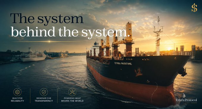 An advertisement banner for Ethra Protocol with the headline 'The system behind the system,' featuring a large cargo ship at sunset and tags 'BUILT FOR RELIABILITY,' 'DESIGNED FOR TRANSPARENCY,' and 'POWERING WHAT MOVES THE WORLD.'