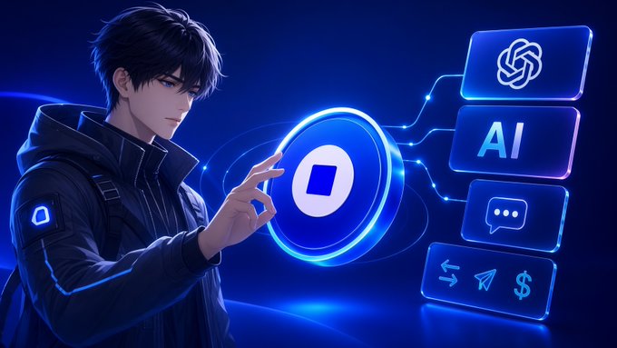 An anime-style digital illustration of a young man in a dark jacket reaching toward a glowing blue interface with a central logo, connected to icons for AI, chat, exchange, telegram, and currency.