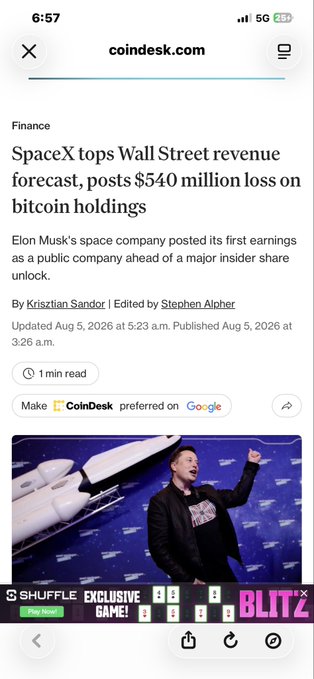 A mobile screenshot of a CoinDesk article titled 'SpaceX tops Wall Street revenue forecast, posts $540 million loss on bitcoin holdings' by Krisztian Sandor, dated August 5, 2026, featuring a photo of Elon Musk in front of a spacecraft.