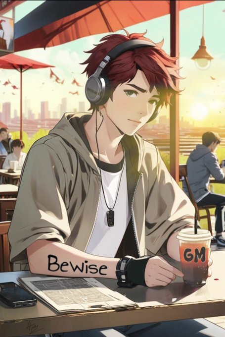 An anime-style illustration of a red-haired young man wearing headphones at a café, with 'Bewise' tattooed on his forearm and an iced coffee cup labeled 'GM'.
