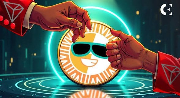 A digital illustration shows two hands exchanging a gold coin featuring a smiling face wearing sunglasses, with a glowing teal circle in the background.