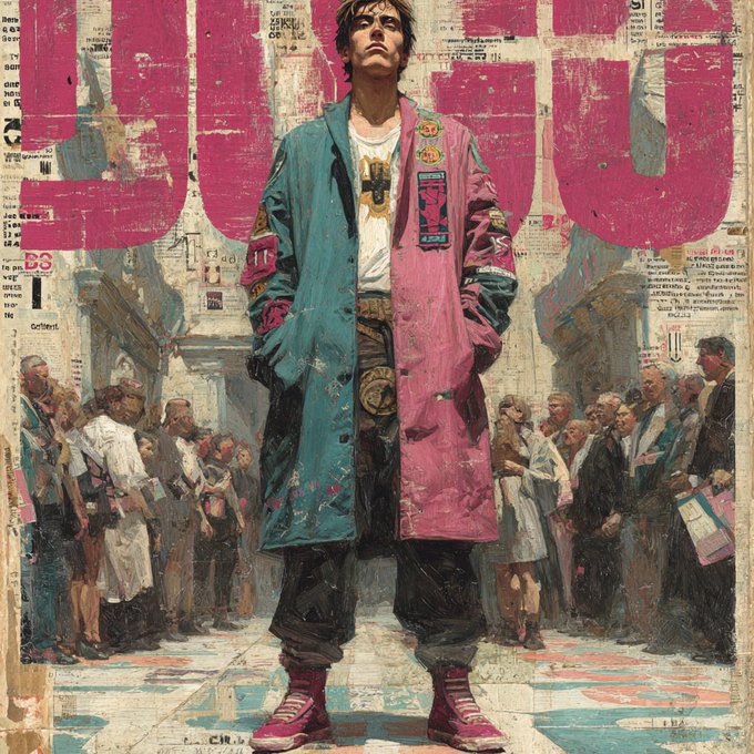 The image features a man standing in front of a crowd of people wearing colorful clothing. The man has a unique style, with a pink jacket and blue pants that stand out against the crowd. He appears to be posing for a picture or giving a speech at an event. In the background, there are other people present as well, indicating that this is likely taking place in a public setting such as a festival or gathering. The post seems to be promoting a political cause and has been shared on social media platforms like Twitter and Instagram.