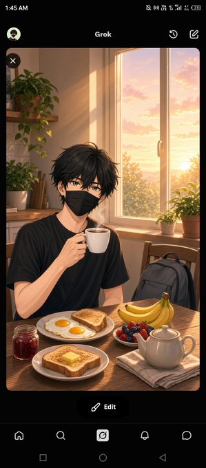 An anime-style illustration shows a young man with messy black hair wearing a black face mask and shirt, holding a coffee mug at a breakfast table with eggs, toast, fruit, and a teapot, with a sunset visible through a window behind him. The image is displayed within the Grok app interface, featuring an "Edit" button at the bottom.