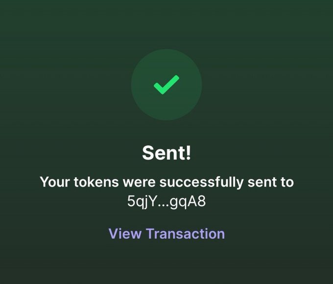 A green confirmation screen displays "Sent!" with a checkmark and the message "Your tokens were successfully sent to 5qjY...gqA8" along with a "View Transaction" link.