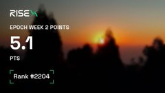 A RISE app screenshot showing Epoch Week 2 points of 5.1 PTS with rank #2204, displayed against a sunset background.