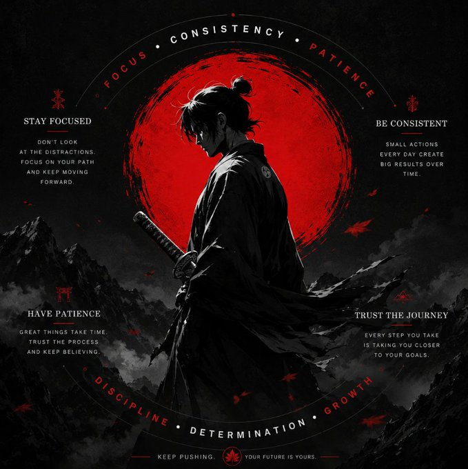 An anime-style samurai warrior with a katana standing before a large red circle, surrounded by motivational text including 'FOCUS,' 'CONSISTENCY,' 'PATIENCE,' and 'DISCIPLINE.'