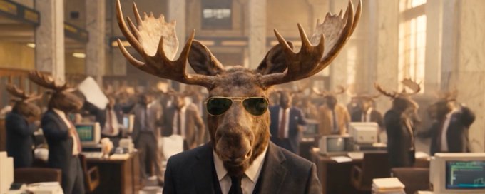 A surreal, AI-generated image of a moose wearing sunglasses and a business suit in a busy office environment filled with other animal-headed workers.