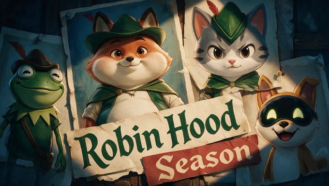 Illustrated promotional artwork featuring anthropomorphic animal characters dressed as Robin Hood, with a banner reading "Robin Hood Season" and a frog holding a coin.