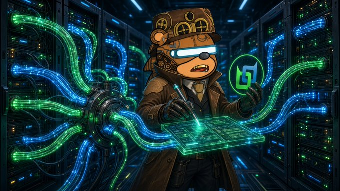 A digital illustration shows a steampunk-styled bear character wearing a VR headset and holding a glowing green circuit board, surrounded by swirling blue and green cables in a server room.