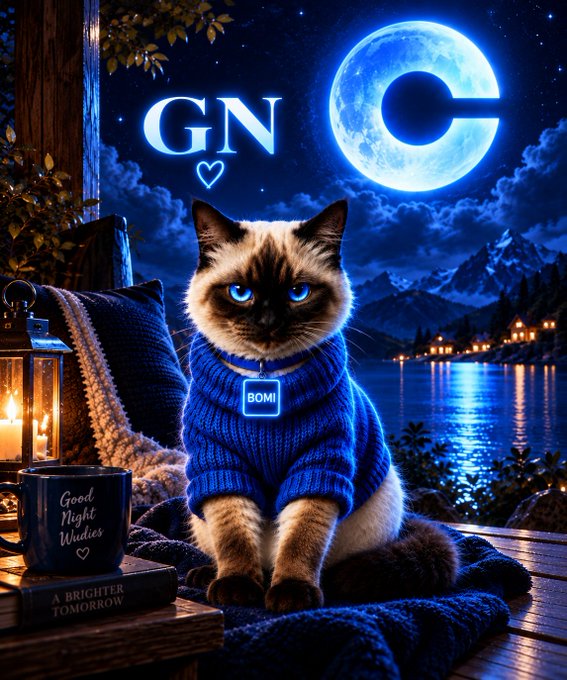 An illustrated nighttime scene featuring a Siamese cat in a blue sweater sitting on a blanket. Above the cat is 'GN' with a heart, alongside a crescent moon with a 'C' inside, while a 'Good Night Whities' mug and a book titled 'A Brighter Tomorrow' sit nearby.