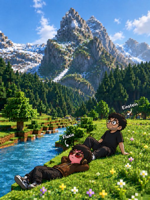 A Minecraft-style pixel art landscape with two cartoon avatars lounzing on a grassy hill, labeled "Einstein" and "Fluxio," with a towering mountain, river, and forest in the background.