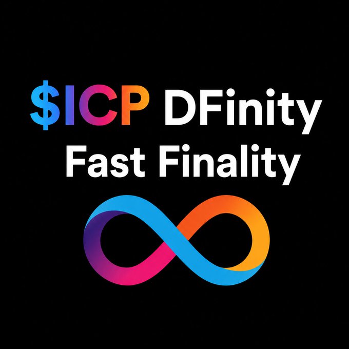 A black-background graphic featuring the text "$ICP DFINITY Fast Finality" in white and rainbow-colored lettering above an infinity symbol, visually reinforcing the post's message about ICP's rapid transaction finality of 1–2 seconds and millisecond-fast read queries on the DFINITY network.