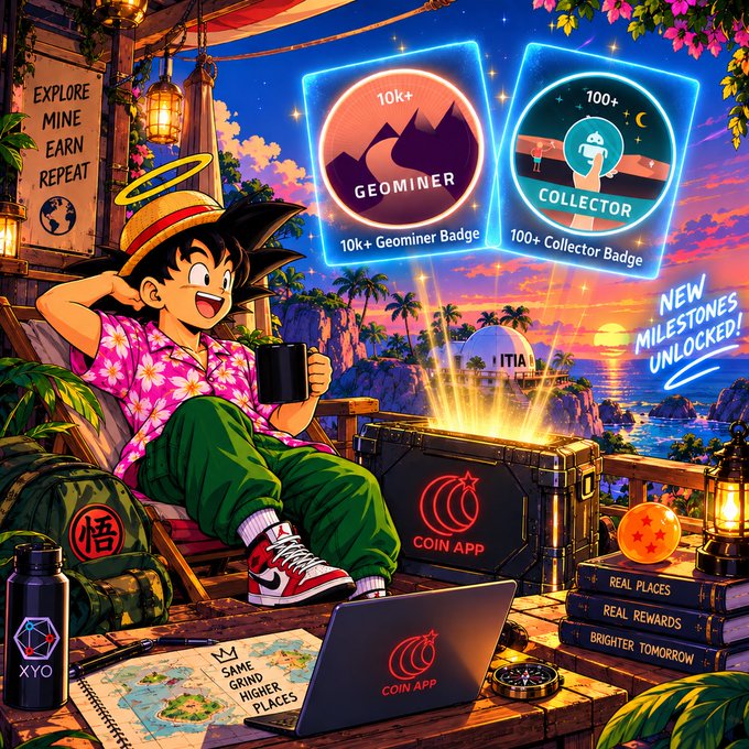 A relaxed anime character in a Hawaiian shirt sits by a tropical sunset, proudly displaying newly unlocked "10k+ Geominer Badge" and "100+ Collector Badge" floating above glowing "COIN App" treasure chests, perfectly matching the celebratory milestone announcement.