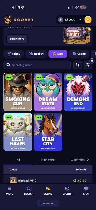 A screenshot of the Roobet mobile casino app interface displays game options like 'SMOKING GUN', 'DREAM STATE', 'DEMONS END', 'LAST HAVEN', and 'STAR CITY', along with a user balance of C$0.00 and the time 4:14.