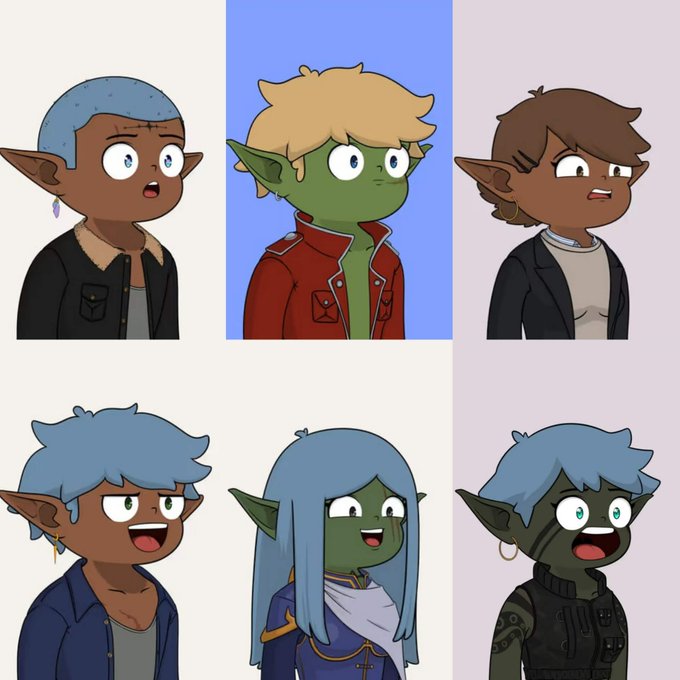 A character design sheet showing six variations of an elf-like character with pointed ears in different skin tones, hair colors, and outfits.
