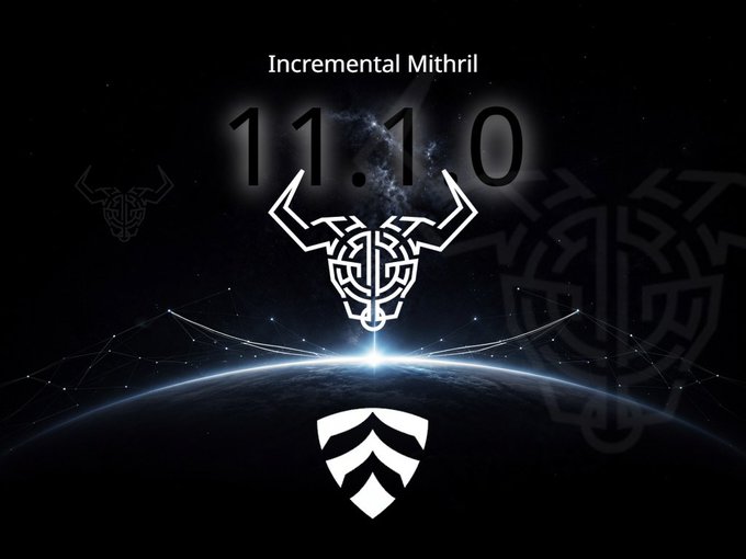 A dark cosmic graphic announces "Incremental Mithril 11.10" above a stylized bull logo, with a smaller shield icon below—visualizing the Daedalus wallet's new faster sync feature that lets users catch up to the blockchain in minutes.