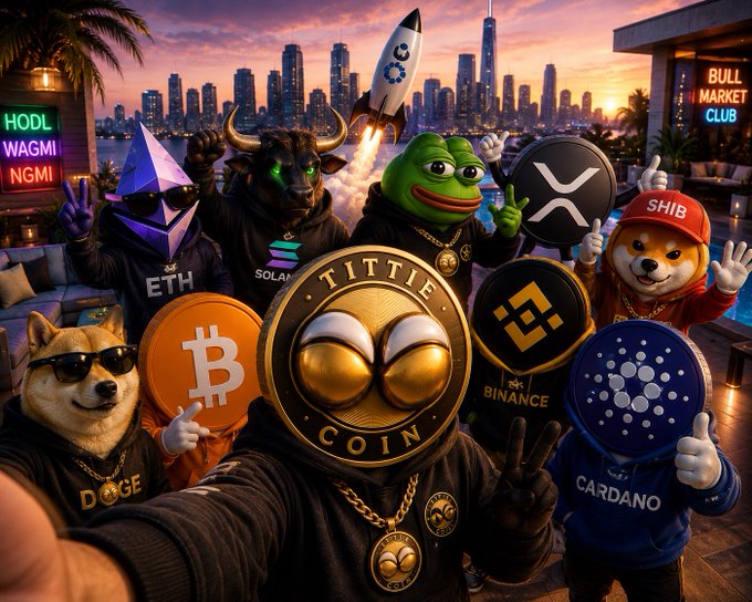 A vibrant digital artwork depicts various cryptocurrency mascots including DOGE, ETH, SOLANA, TITTIE COIN, BINANCE, XRP, SHIB, and CARDANO, alongside a rocket launching against a city skyline at sunset, with text 'HODL WAGMI NGMI' and 'BULL MARKET CLUB'.