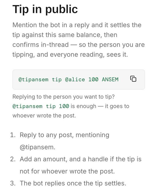 A how-to guide titled "Tip in public" explaining how to use the @tipansem bot to send tips via replies, with the example command "@tipansem tip @alice 100 ANSEM." Notably, the accompanying post references @motiontip (a different bot/project), not @tipansem, suggesting the image may be an unrelated promotion mistakenly attached to a post about a competing tipping bot.