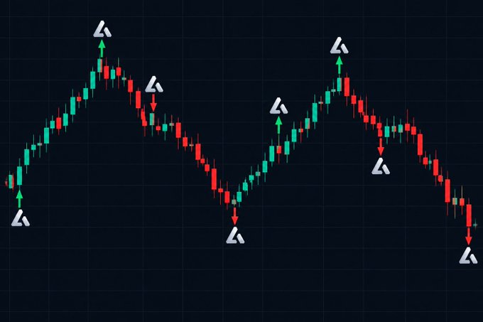 A candlestick trading chart on a dark background with green and red arrows pointing up and down at various peaks and troughs of the price movements.