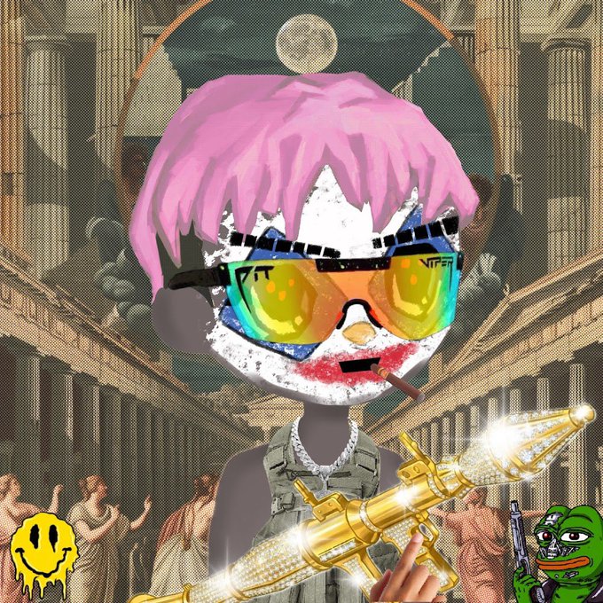A surreal collage-style artwork featuring a character with pink hair wearing yellow 'VIPER' sunglasses and a jeweled chain, holding a gold jewel-encrusted rocket launcher, set against a classical painting background with a yellow smiley face and a Pepe the Frog character.