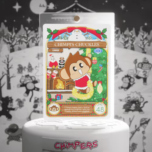 A packaged collectible card titled 'CHIMPIS CHUCKLES' featuring a monkey in a Santa suit by a fireplace and Christmas tree, displayed against a black and white illustrated winter background.
